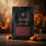 Altaris La Montaña 250g coffee bag with a ribbon of amber caramel and caramel cubes